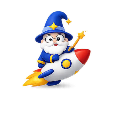 Linh vật phù thủy AI wBiz trên tên lửa / wBiz AI wizard on a rocket